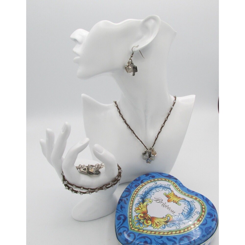 Brighton Parure Karma Cross Crystal French Wire Earrings  Necklace Bracelet Tin